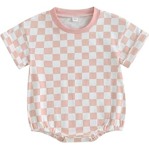 Ehfomius Checkered Baby Boy Girl Clothes Short Sleeve T-Shirt Romper Oversized Pullover Bodysuit Summer Clothes