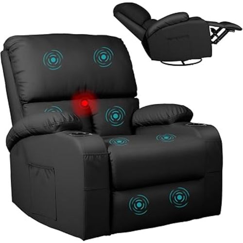 LEVELEVE Rocking Recliner Chair, Massage Rocker Recliner Chair with Vibration Massage and Heat, 360° Swivel Faux Leather Chairs, Living Room, Bedroom, Nursery, RV, Black