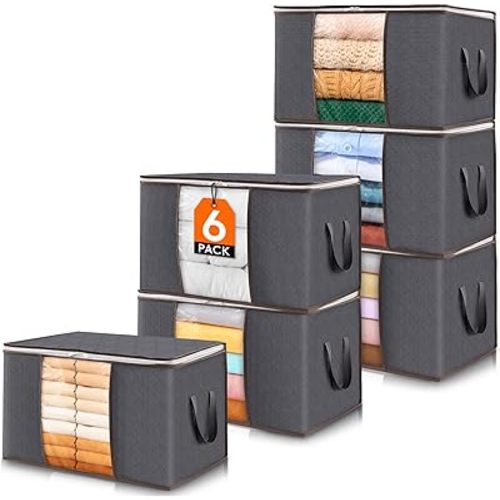 Lifewit 6 Pack Clothes Storage Bins with Lids, Foldable Blanket Storage Bags with Zippers, Clear Window and Reinforced Handles, Closet and Organization for Clothing, Sweater, Comforter, Bedding, Gray