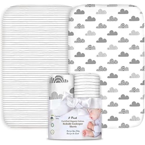 100% Organic Cotton 2 Pk of Bedside Sleeper Bassinet Fitted Mattress Sheets for Mika Micky, Baby Delight, Ronbei, Chicco, KoolerThings, Cloud Baby, AMKE, Angelbliss, Maxi-COSI, Arm's Reach, and More.
