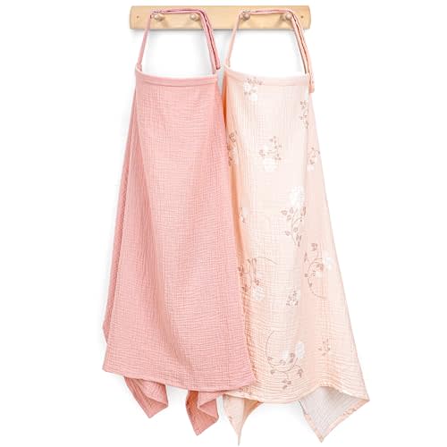 Haleeone Muslin Nursing Cover for Breastfeeding, Privacy Breathable Breastfeeding Cover with Arch Neckline for Mom, 100% Cotton Nursing Apron, Floral and Pink