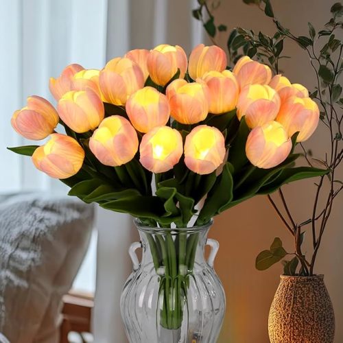 Pink - 20pcs LED Lighted Artificial Flowers Tulip Lamp Real Touch Tulips Faux Flower Lights for Valentine's Day and Easter Home Kitchen Wedding Dining Table Decor(Pink)