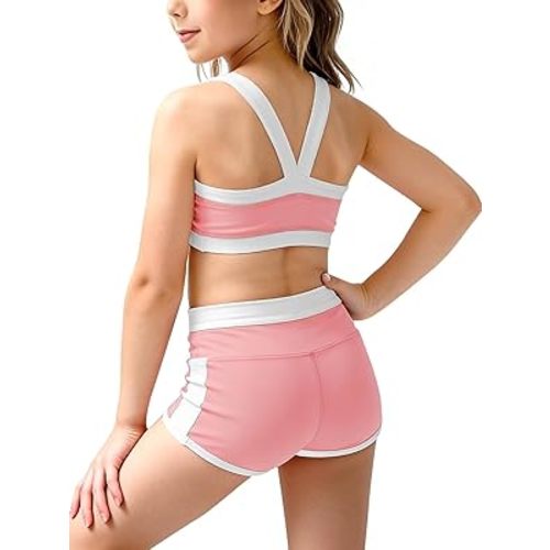 Haloumoning Girls 2 Piece Outfits Athletic Color Block Training Bra and High Waisted Shorts Clothing Sets 5-14Y