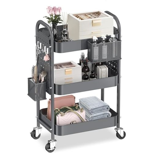 ALVOROG 3 Tier Rolling Cart with DIY Pegboards Metal Utility Cart with Wheels Handles Baskets Hooks, Storage Cart for Office Kitchen Bathroom(Gray)