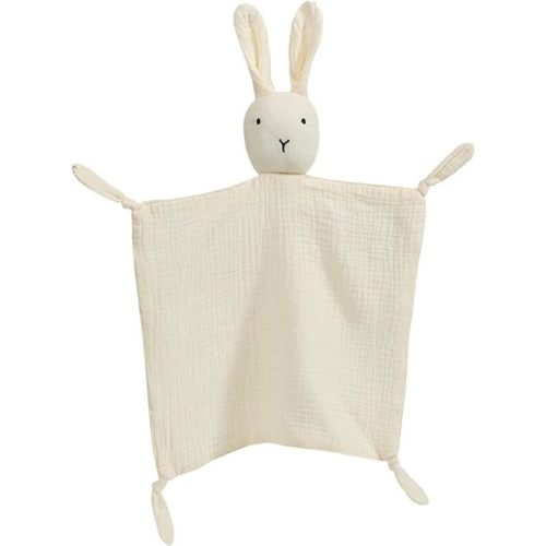 Organic Cotton Muslin Lovey Blanket, Organic Cotton Muslin Bunny Security Blanket Soft & Breathable Lovie Baby Gifts for Boys and Girls - White