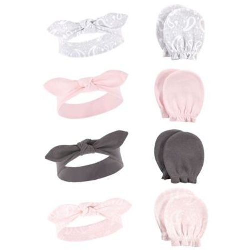 Hudson Baby Infant Girl Cotton Headband And Scratch Mitten Set, Pink Bandana, 0-6 Months