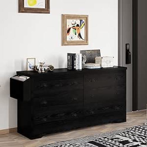 LIKIMIO Dresser for Bedroom 6 Drawer with Charging Station, TV Stand Storage Chest of Drawers for Living Room Hallway Entryway, MDF Board, 47.2 Inches Black