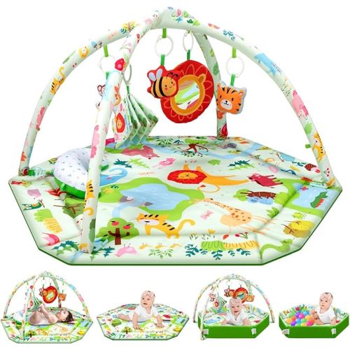 Baby Play Mat,Tummy Time Mat with 6 Detachable Toys-Activity Gym for Visual, Auditory & Motor Development-Washable Baby Activity Mat for 0-12 Month Infants(Animal Theme)