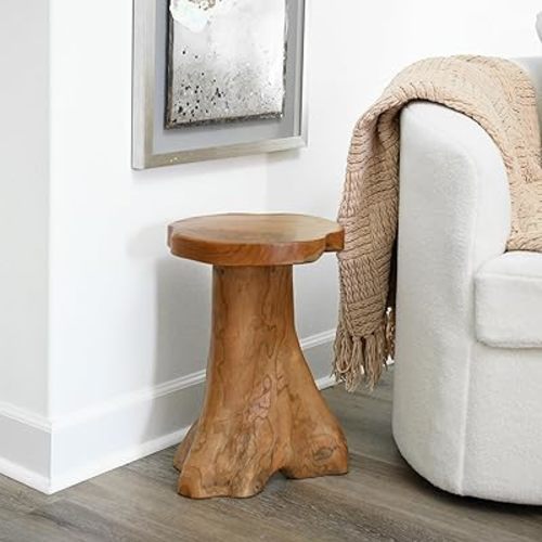 WELLAND Teak Tree Stump Side Table, Live Edge Stool, Natural Edge Wood Side Table