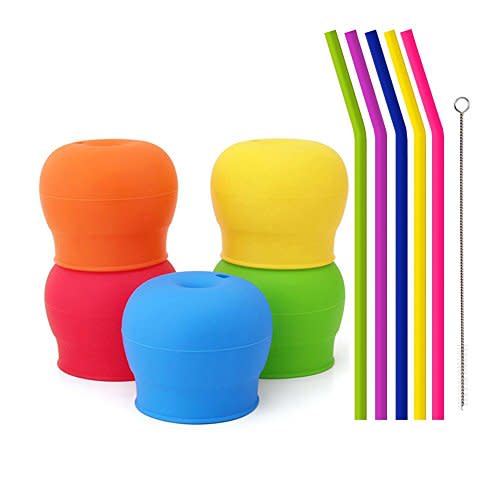 TOUGS Silicone Sippy Straw Cup Lids for Toddlers Babies (Pack of 5) - 5 Drinking Straws - Reusable, Spill-proof - Stretches to Cover Tumblers, Yeti Rambler, Mason Jars, Cups and Mugs