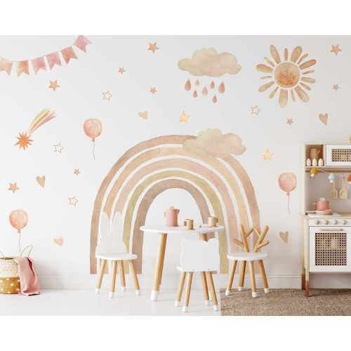 Boho Rainbow and Sun Wall Stickers , Nursery Wall Decals , Pastel Removable Fabric Stickers , Available in Multiple Sizes