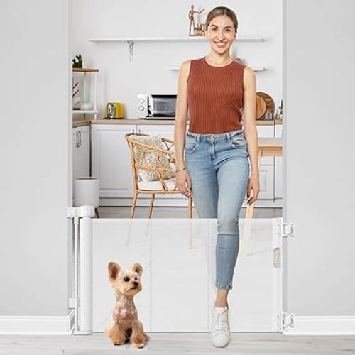 Short Dog Gate 0"-39" Wide Narrow Baby Gate 24” Tall Retractable Short Pet Gate to Step Over Short Baby Gate for Doorway, Low Pet Gate Indoor Doggie Gates Mesh Puppy Gate for Stairs, Black