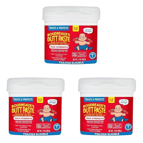 Boudreaux's Butt Paste Maximum Strength Diaper Rash Cream, Ointment for Baby, 14 oz Flip-Top Jar (Pack of 3)