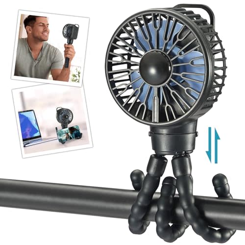 snawowo Mini Portable Stroller Fan, Battery Operated Personal Small Handheld Fan with Flexible Tripod, 3 Speed Rechargeable Clip On for Car Seat Crib Treadmill Travel Camping Black