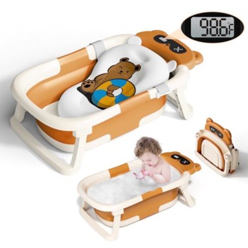 COOSEYA Baby Bathtub ,Collapsible Baby Bathtub , Bath Tub with Cushion and Thermometer ,Newborn to Toddler Portable Travel Multifunctional Bathing 0-2 years (Bear/Brown)