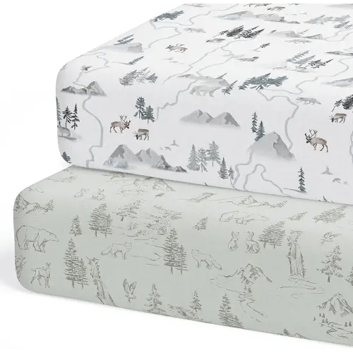 Crib Sheets Neutral - Fitted Baby Crib Sheets Bed for Girl Boy - 2 Pack Standard & Toddler Mattress - Buttery Soft Organic Cotton Blend (Arctic Journey)