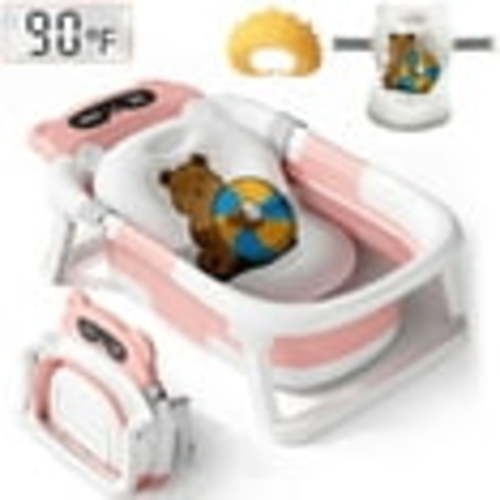 TOPCHANCES Collapsible Baby Bathtub with Thermometer, Newborn Shower Tub with Baby Tub Cushion & Bath Cap, Portable Baby Folding Bathtub for 0-36 Month Newborn, Pink