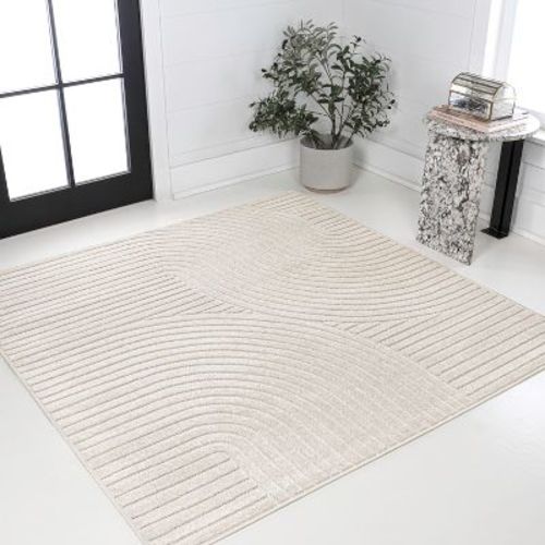 JONATHAN Y Hallie High-Low Minimalist Curve Geometric Ivory/Cream 8 ft. Square Indoor/Outdoor Area Rug, Non-Shedding, Easy-Clean