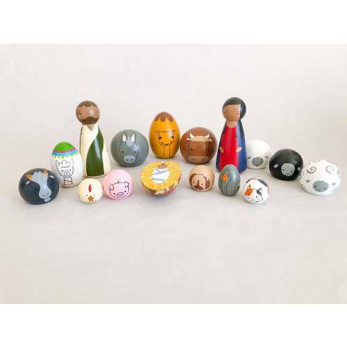 Peg Doll Nativity Set with Many Animals, A set for Animal Lovers, Wooden Kids Nativity Set Animals, Cat, Dog, Camel, Donkey, Sheep, Goose