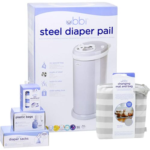 Ubbi Diaper Changing Value Set, Odor Locking Modern Design Baby Accessory, Must Have Set Includes Grey Diaper Pail, Diaper Sacks, Odor Absorbing Gel, Travel Changing Mat and Diaper Pail Waste Bags