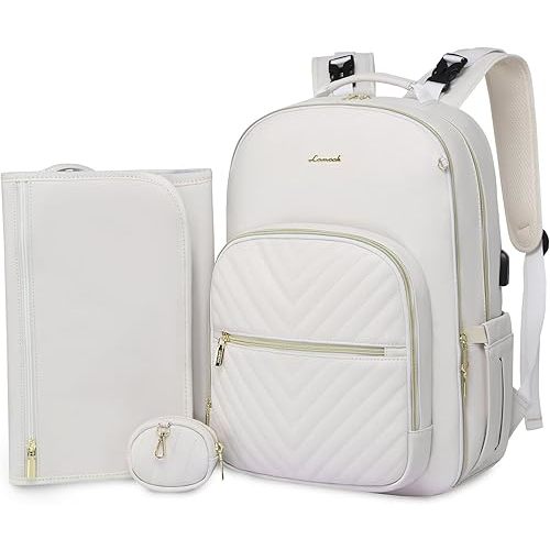 LOVEVOOK Leather Diaper Bag Backpack, Quilted Baby Bag with Changing Pad & Pacifier Holder, Waterproof Travel Diaper Bags for Baby Boys Girls, Stylish and Large Capacity, Beige