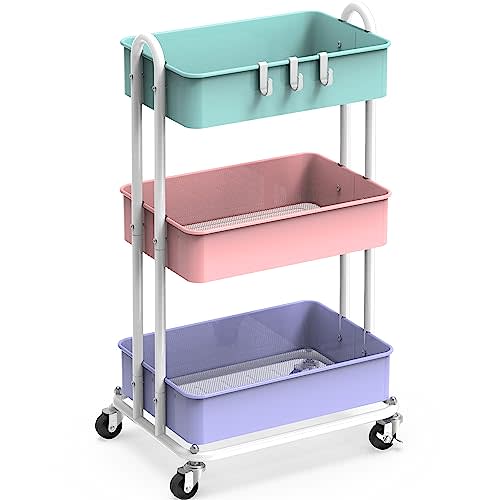 Simple Houseware Heavy Duty 3-Tier Metal Utility Rolling Cart, Multicolor