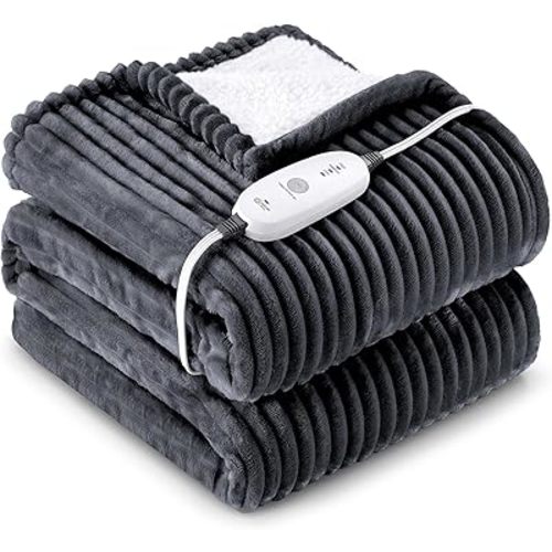 HYLEORY Heated Blanket Electric Throw 62"x84", Soft Flannel Sherpa Heater 3 Heat Settings and 4 Hours Auto Shut-Off Heating Blanket ETL Certification Over-Heat Protection Machine Washable,Dark Grey