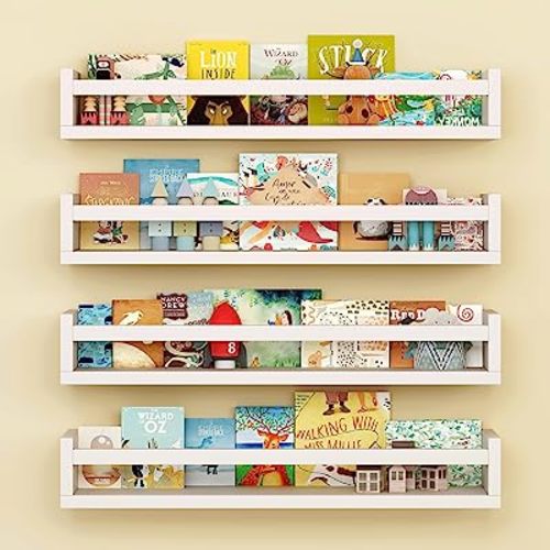 Set of 4 Wall-Mounted Kid's Bookshelf - White Floating Nursery Book Shelves - Durable Wood Construction - Ideal for Nursery Decor, Kids Room, Toy Storage