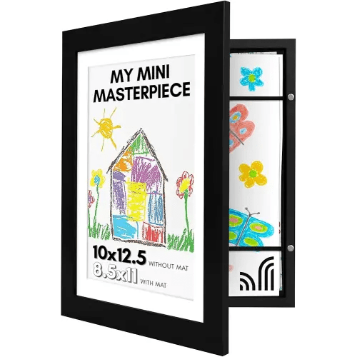 Americanflat 10x12.5 Kids Art Frame - Front Loading Picture Frame Holds 100 Artworks - Use as 8.5x11 Frame with Mat or 10x12.5 Frame Without Mat - My Mini Masterpiece - Black