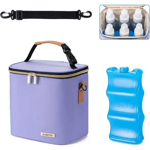 Breastmilk Cooler Bag with Ice Pack Fits 6 Baby Bottles Up to 9 Ounce, Baby Bottle Bag with Shoulder Strap for Nursing Mom Daycare, Violet