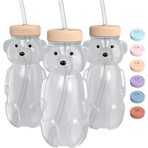 Honey Bear Straw Cup for Babies, 8-oz Honey Bear Cup with Lid, 3-Pack Therapy Learning Honeybear Straw Cup, Baby Honey Bear Bottle Set, Creamsicle PEACH