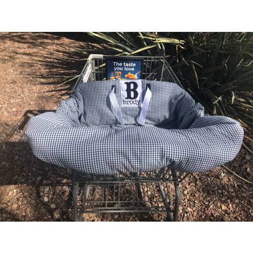 Embroidered cart cover, personalized, reversible, blue gingham shopping cart cover, high chair cover, boy shopping cart cover. monogrammed