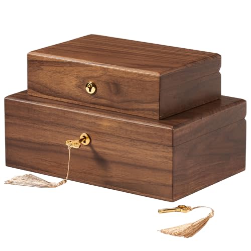 VinneGenzz Walnut Storage Boxes with Locking Lid Set of 2 Decorative Solid Wood Storage Baskets Lockable Vintage Wooden Memory Box Chests for Keepsakes Photos Jewelry Desktop Organizer Container