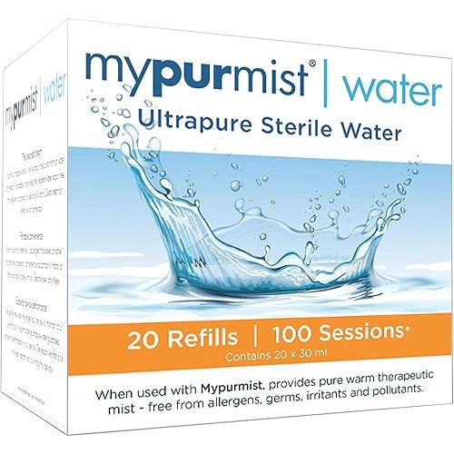 Mypurmist Ultrapure Sterile Water for Personal Steam Inhalers - Cleanest Water Vapor, Free from allergens, irritants and pollutants - Double Distilled + Ultra-Filtered - 20 Refills|Up to 100 Sessions