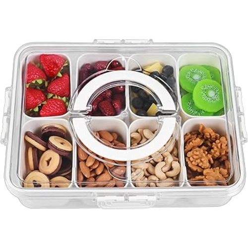 Divided Serving Tray with Lid and Handle - Snackle Box Charcuterie Platter Portable Storage Organizer Container for Fruit, Candy, Veggie, Nuts, Spices& Snacks, Perfect for Party, Travel& Picnic