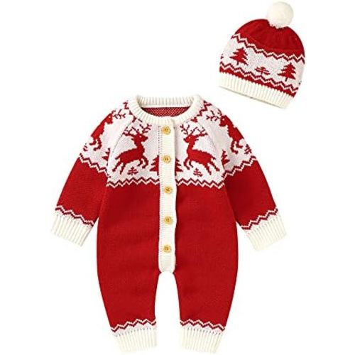 Baby Boys Girls Sweater Romper Christmas Outfits Deer Cotton Knitted Long Sleeve Jumpsuit with Hat Casual Xmas