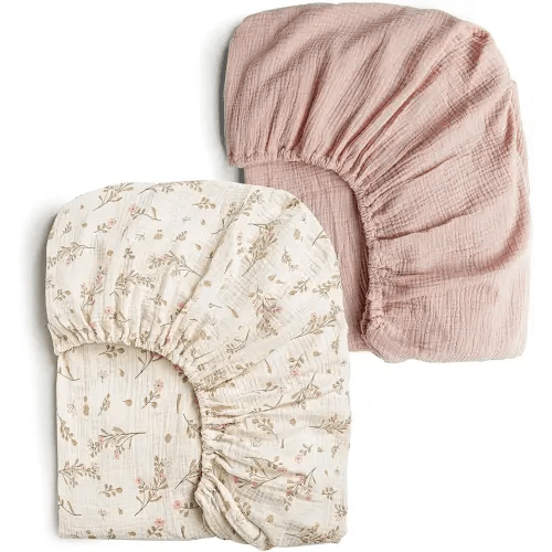 Konssy Muslin Crib Sheets for Girl Boy, 2 PCS Soft and Breathable Cotton Baby Sheets for Standard Crib Mattress, 52"x 28" (Floral, Pink)