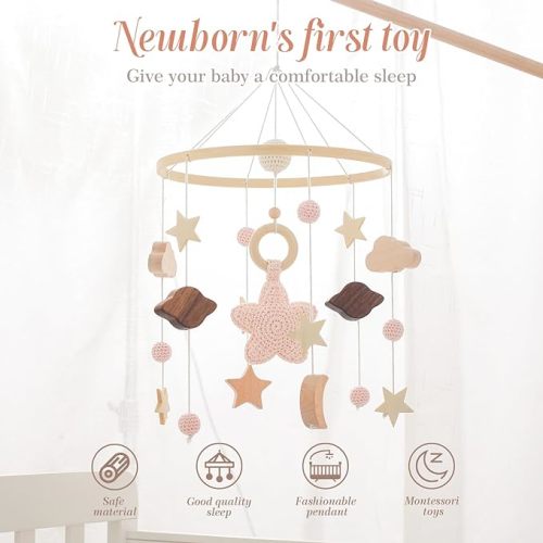 Baby Crib Mobile for Boys Girls| Boho Nursery Mobile| Gender Neutral Hand-Crocheted Mobile| Ceiling Mobile - Stars, Clouds, Moon (Pink) - Galaxy Crib Mobile Pink