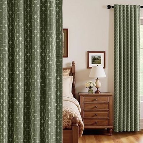 MIULEE 100% Blackout Decorative Linen Curtains with Geometric Pattern, Thick Woven Farmhouse Rustic Patterned Drapes with Back Tab for Bedroom and Living Room, Olive Green, 52 x 84 Inches, 2 Panels