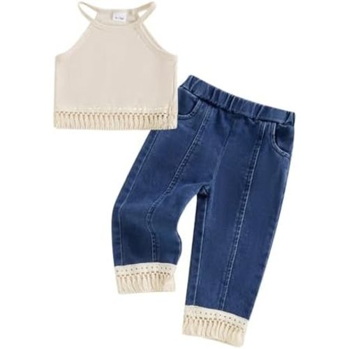 Madjtlqy Baby Girl Clothes Toddler Summer Outfits Tassel Camisole and Denim Pants Jeans 6 12 18 24 Months 2t 3t