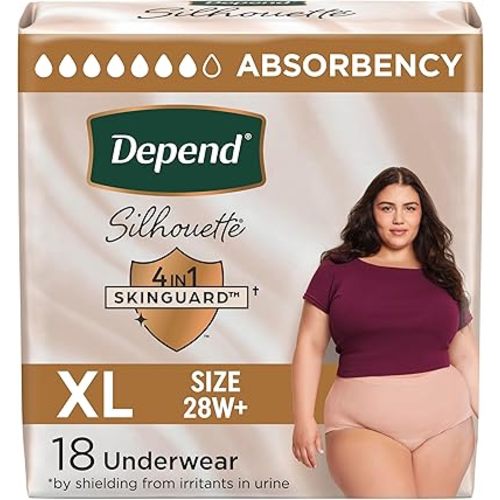Depend Silhouette Adult Diapers, Incontinence & Postpartum Bladder Leak Underwear for Women, Maximum Absorbency, Extra Large, Pink, 18 Count, Packaging May Vary
