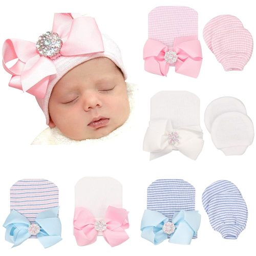 BQUBO Newborn Baby Caps Mittens for Baby Girls Baby Hats Scratch Mitten Gloves Set Soft Hospital Hat Infant Hats with Bow