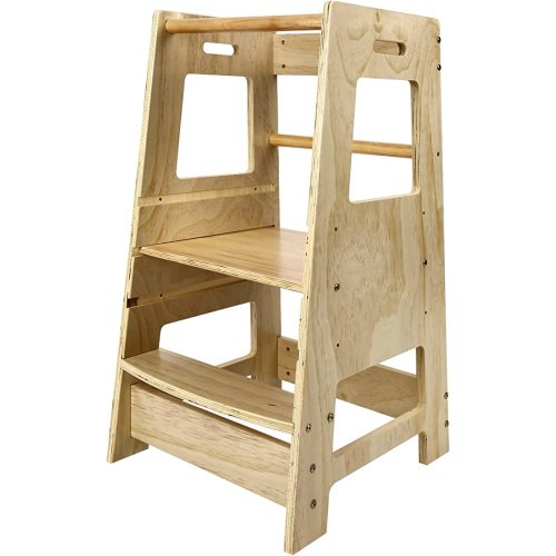 ECOMEX Toddler Standing Tower Kitchen Step Stool for Kid's Adjustable Height Learning Stool, Toddler Kitchen Stool Helper Removable Anti-Drop Safety Rail Stool for Bedroom, Bathroom, Natural - All-natural - Toddler Tower