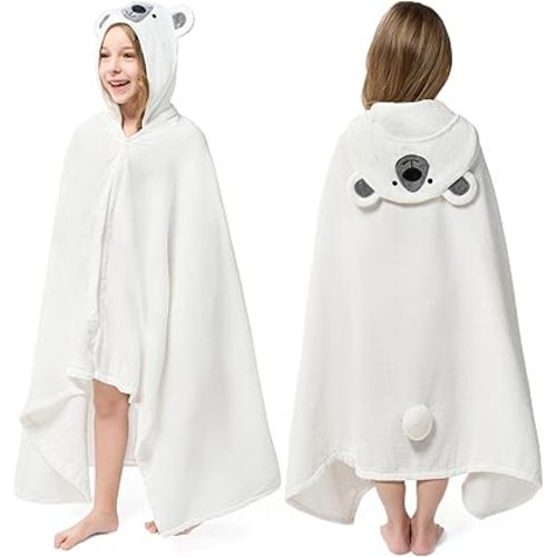 Joiedomi Hooded Towel for Kids Soft 100% Cotton Bath Beach Towel 30" x 50" for Kids 3-10 Years Toddler Pool Poncho with Hood Absorbent Swim Wrap for Boys Girls White Bear