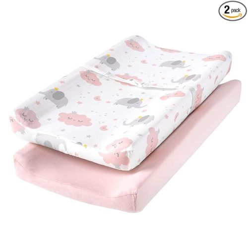 TILLYOU Changing Pad Cover Set in Soft Jersey Material - Fits 32"/34''x16 Contoured Pad for Babies,Elephant & Cloud, Pink