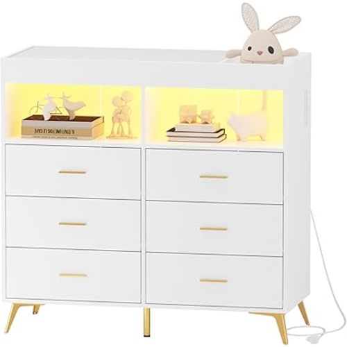 Dresser for Bedroom with Drawers, Baby Changing Table Dresser with Changing Pad, 2 Open Storage Shelves, Baby Diaper Changing Station Dresser with Changing Table Top, LED Lights & Power Outlet, White