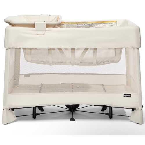 4moms Breeze Plus Portable Playard with Removable Bassinet and Baby Changing Station, Easy One-Handed Setup, Birch