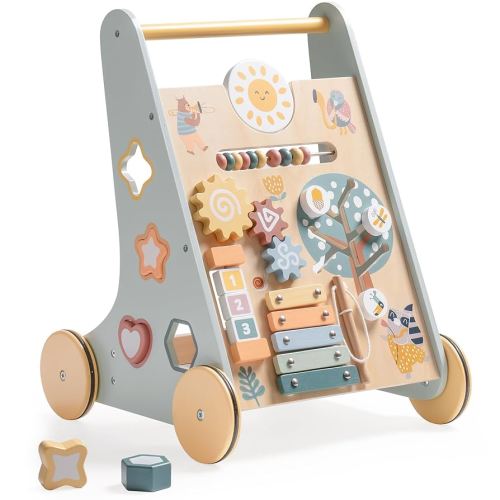 ROBOTIME Wooden Baby Walker for Boys, Modern Baby Push Walker, Activity Baby Walker Push Toys with Wheels, Sit to Stand Walker for Baby Learning to Walk