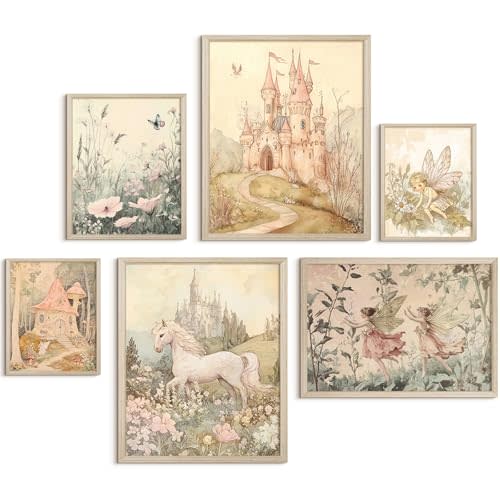 Vintage Fairy Nursery Wall Art Baby Girl Room Canvas Wall Decor Magic Forest Poster Fantasy Fairytale Prints Nursery Artwork Antique Magical Picture Flower Painting for Bedroom 8x10 Inch Framed 6Pcs