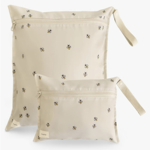 mushie Water Resistant Wet Bags | Large & Small Reusable Storage Bag for Baby Items and Travel | Zippered Pockets with Handle | Machine Washable, Set of 2 (Bees)